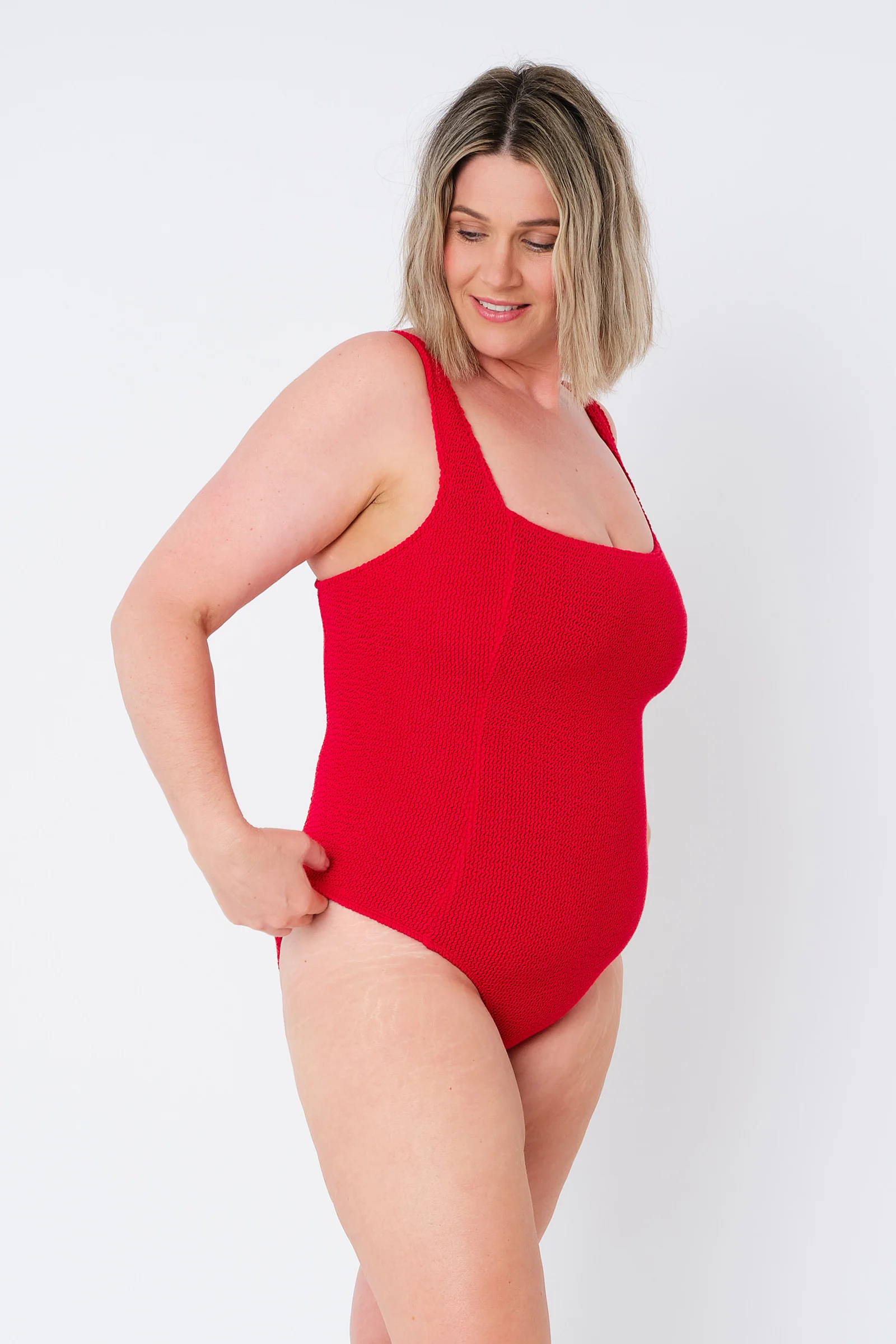 Crinkle Cut Square Neck One Piece RED - Image 14