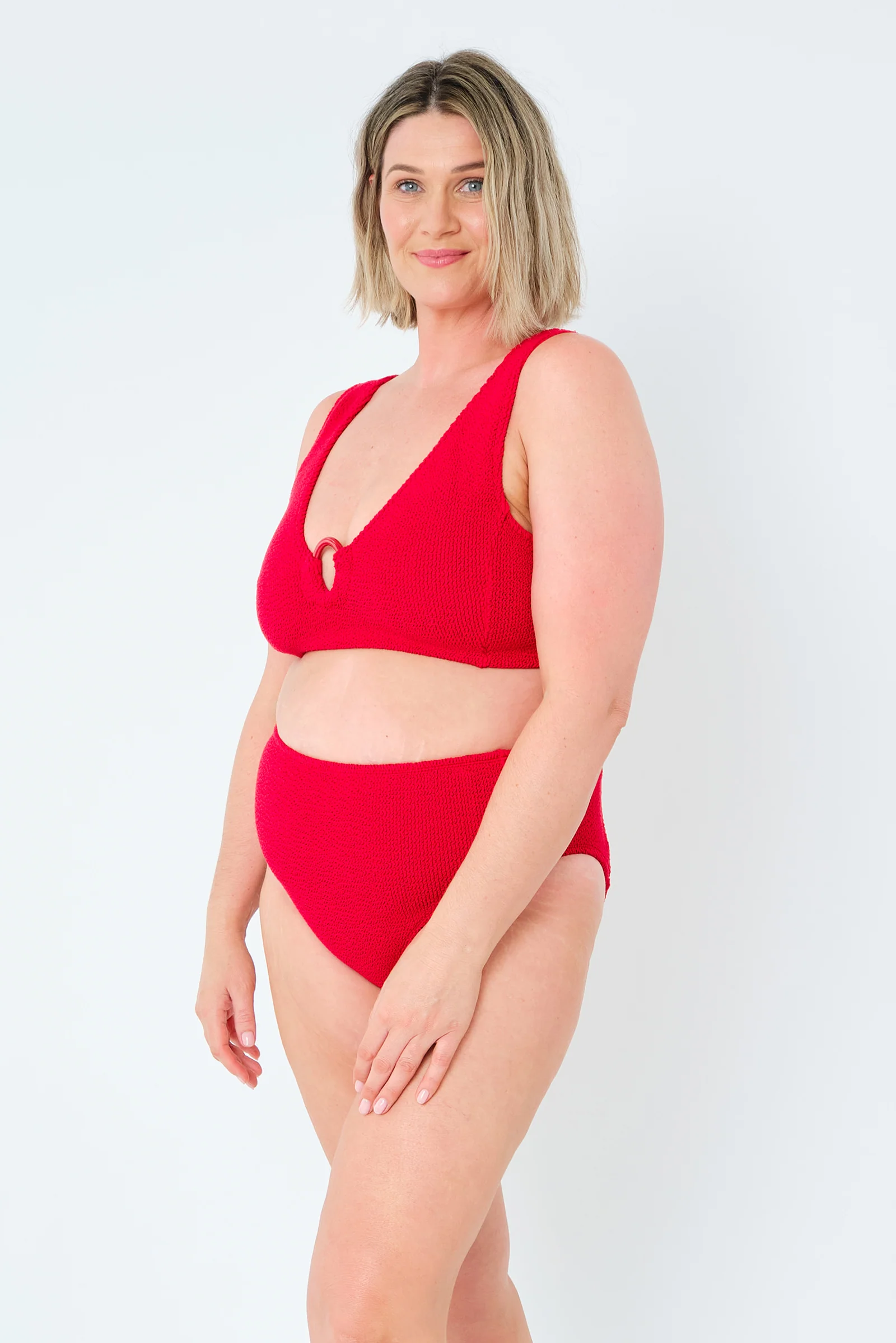 Crinkle Cut V-Neck Bikini Bralette with Ring RED - Image 13