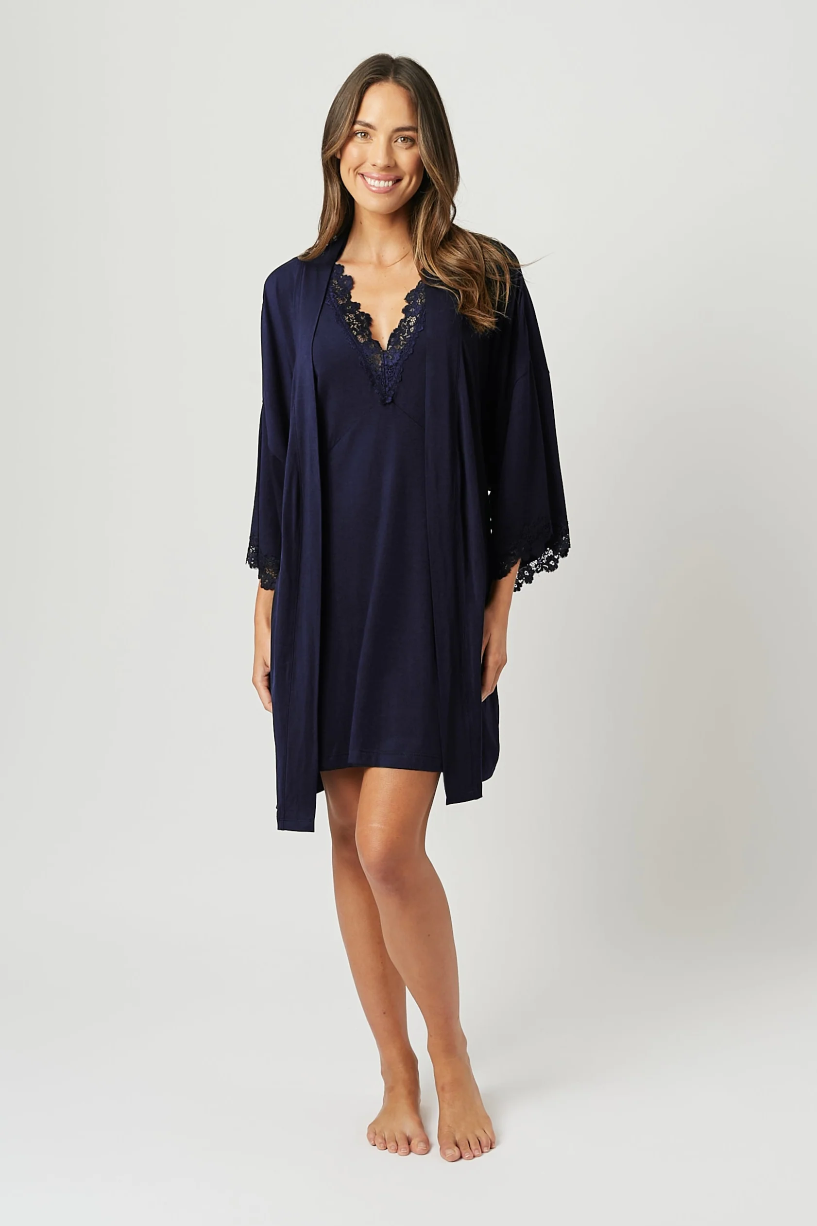 Lace Trim Modal Robe NAVY - Image 6