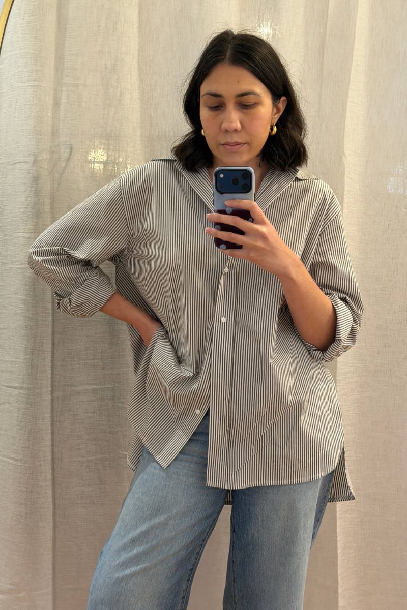 Striped Relaxed Button Up Shirt CHOCOLATE & WHITE - Image 3